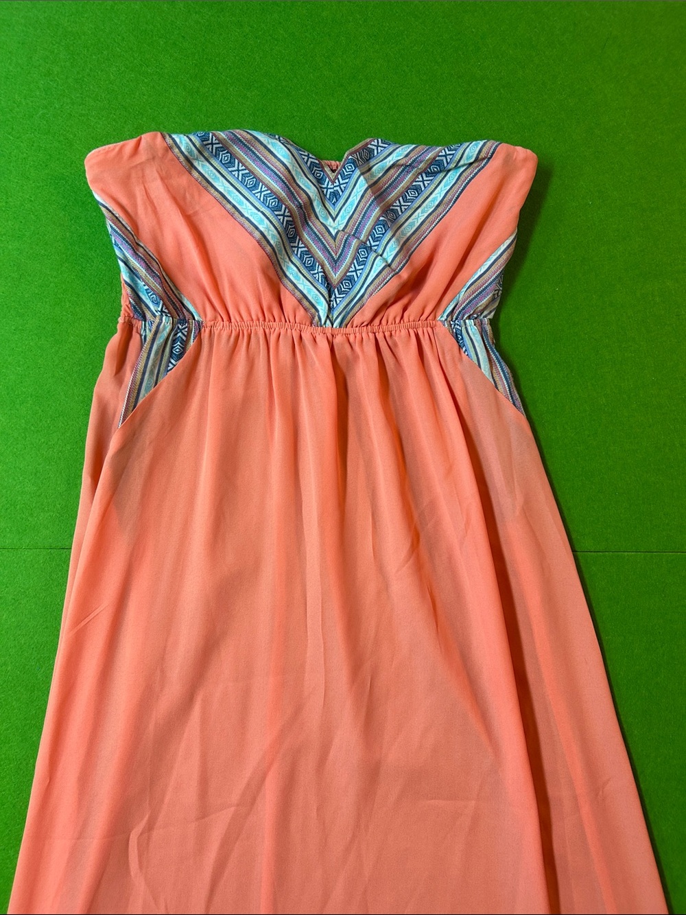 Charlotte Russe Strapless Coral Maxi Dress with Patterned V-Neck Medium Beach